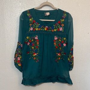 Anu Boho Embroidered Floral Peasant Blouse Teal Turquoise Sheer Chiffon Top S
